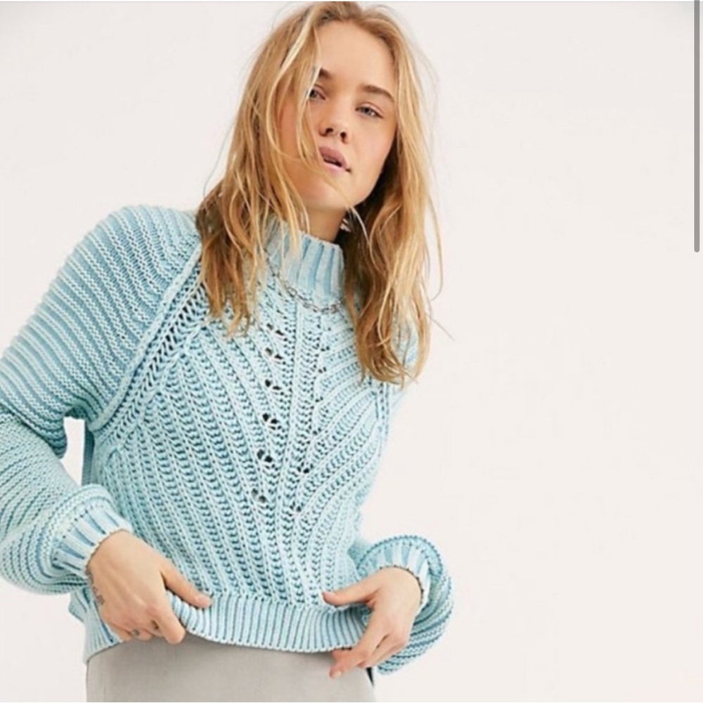Free people light blue mock neck knit sweater